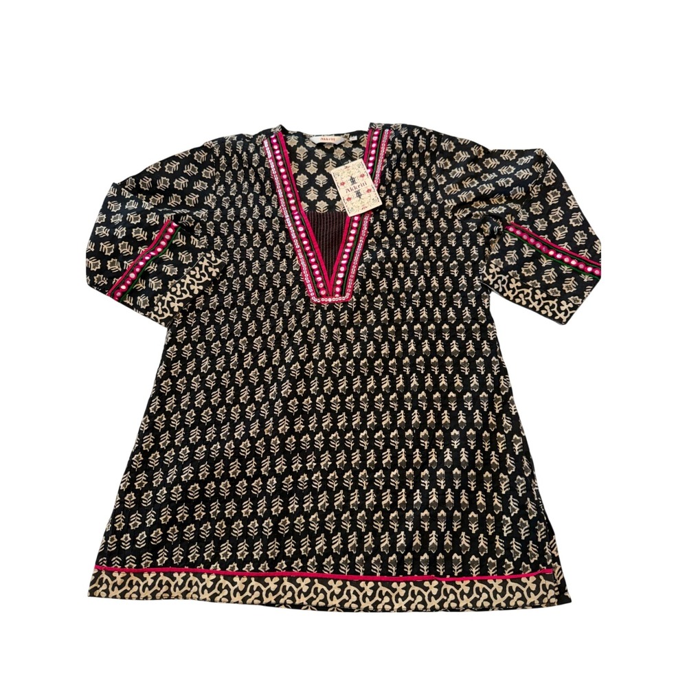 Akkriti Cotton Kurti Tunic Top Black White Block Print Mirror Work Womens Medium